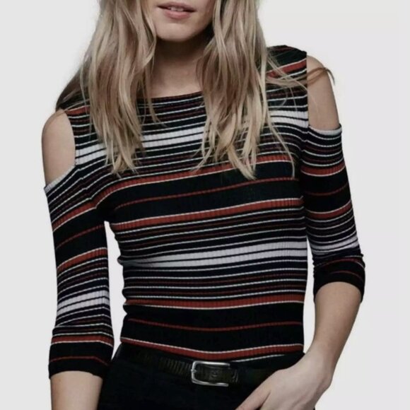 Free People We The Free Black Striped 3/4 Sleeve Rory Cold Shoulder Top - Picture 1 of 5